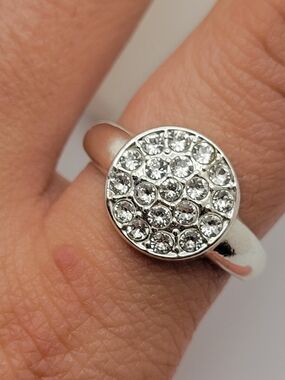 Silver Tone Pavé Rhinestone Disc Cocktail Ring Clear Crystal Dome Statement